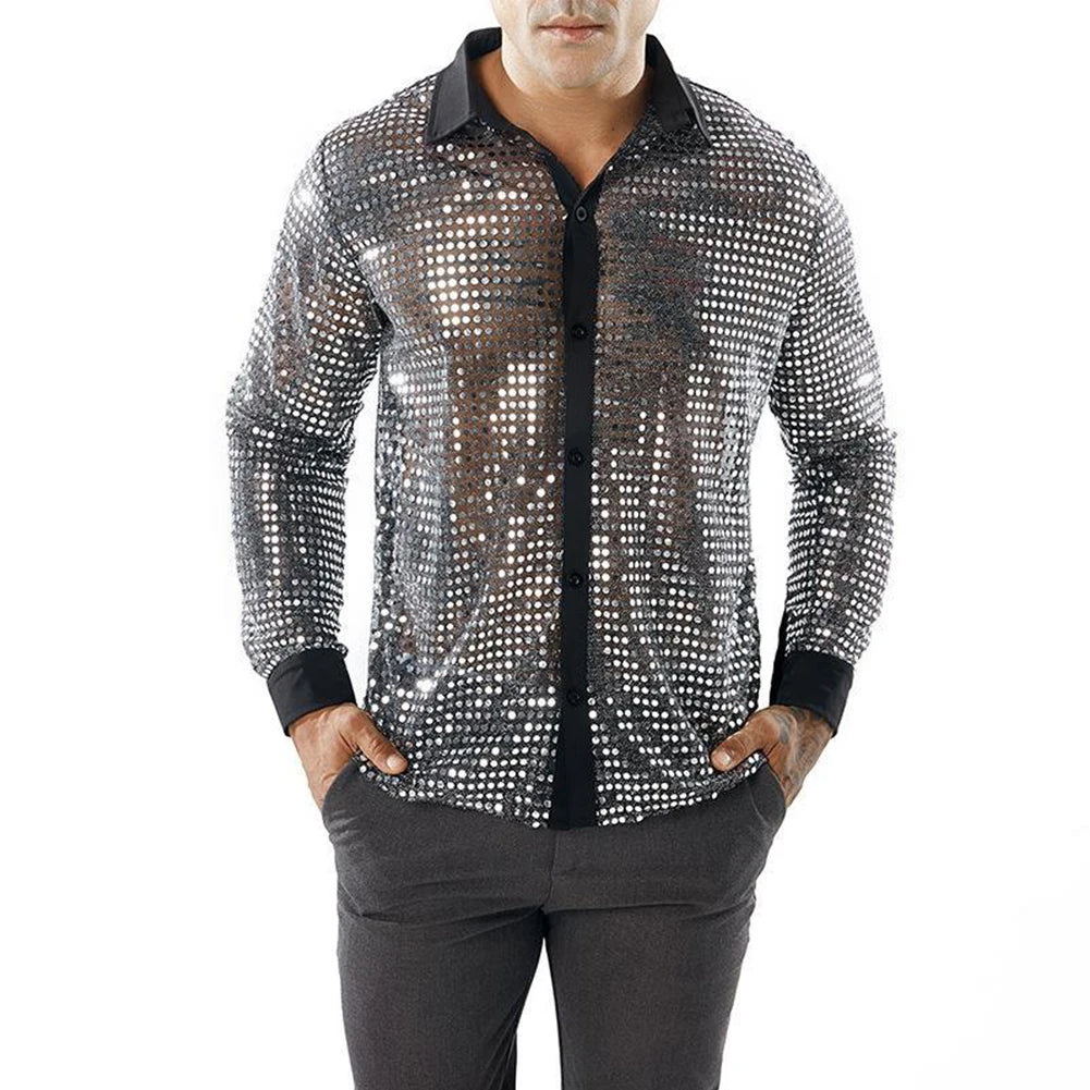 Men's Shiny Party Dance Retro 70s Disco Nightclub Shirt Sequins Top