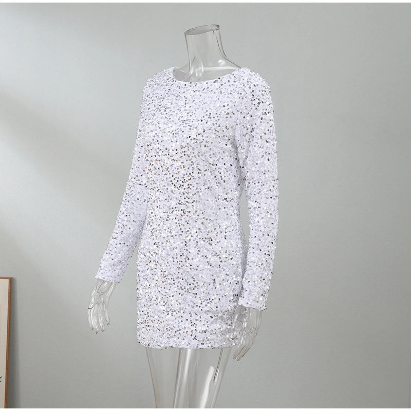 Sequin Short Dress For Women Party Dresses Female Elegant Chic Long Sleeve