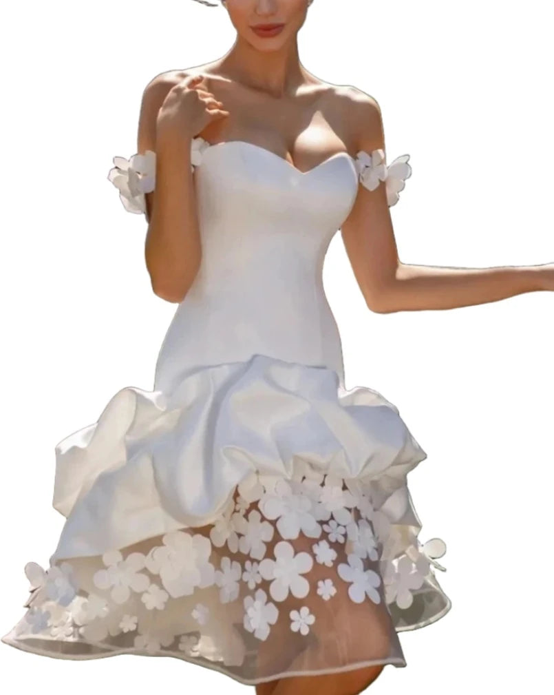Off Shoulder Short Wedding Dress Simple Illusion Bride Gown