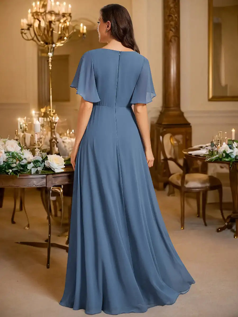 V Neck Pleated Floor-Length Dress