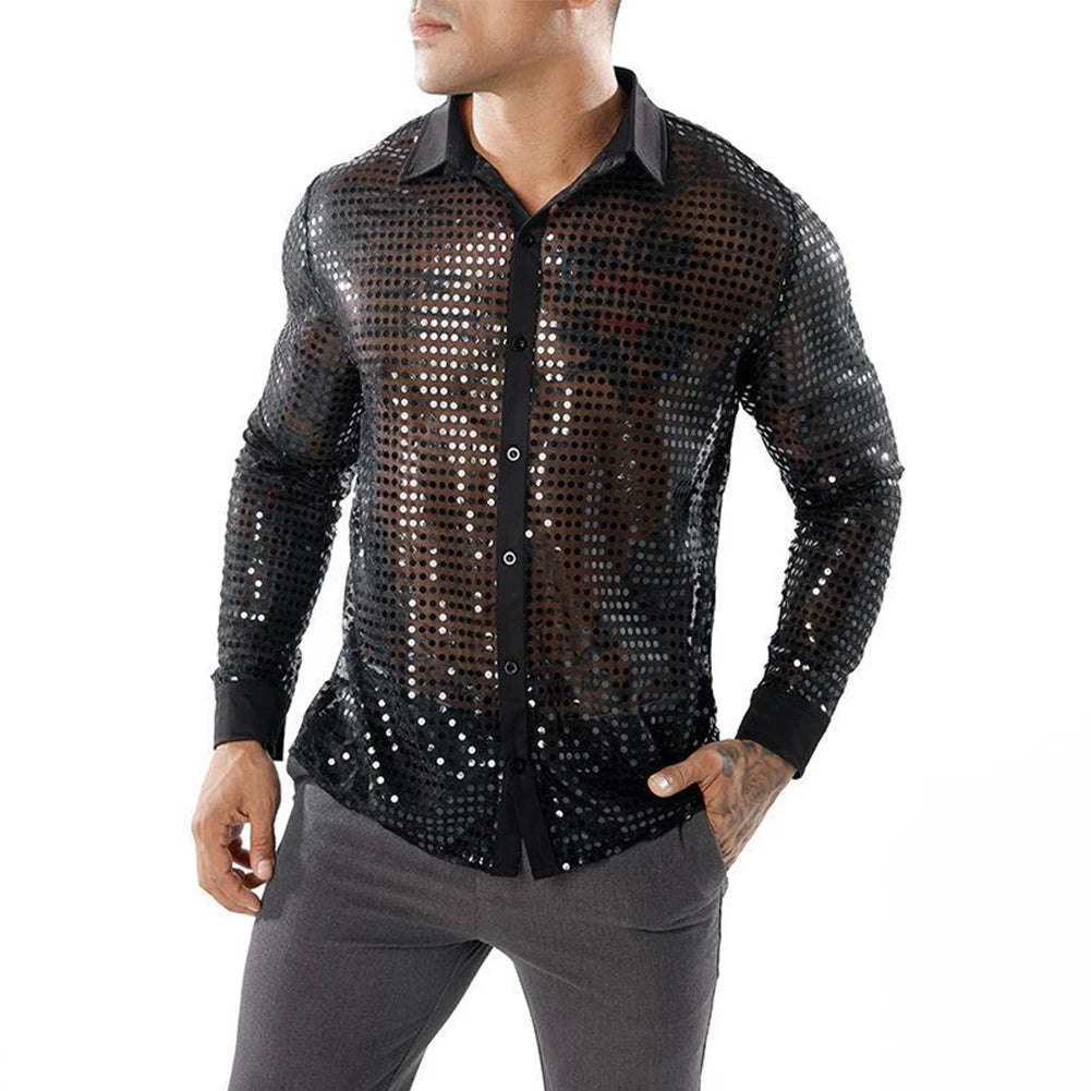 Men's Shiny Party Dance Retro 70s Disco Nightclub Shirt Sequins Top