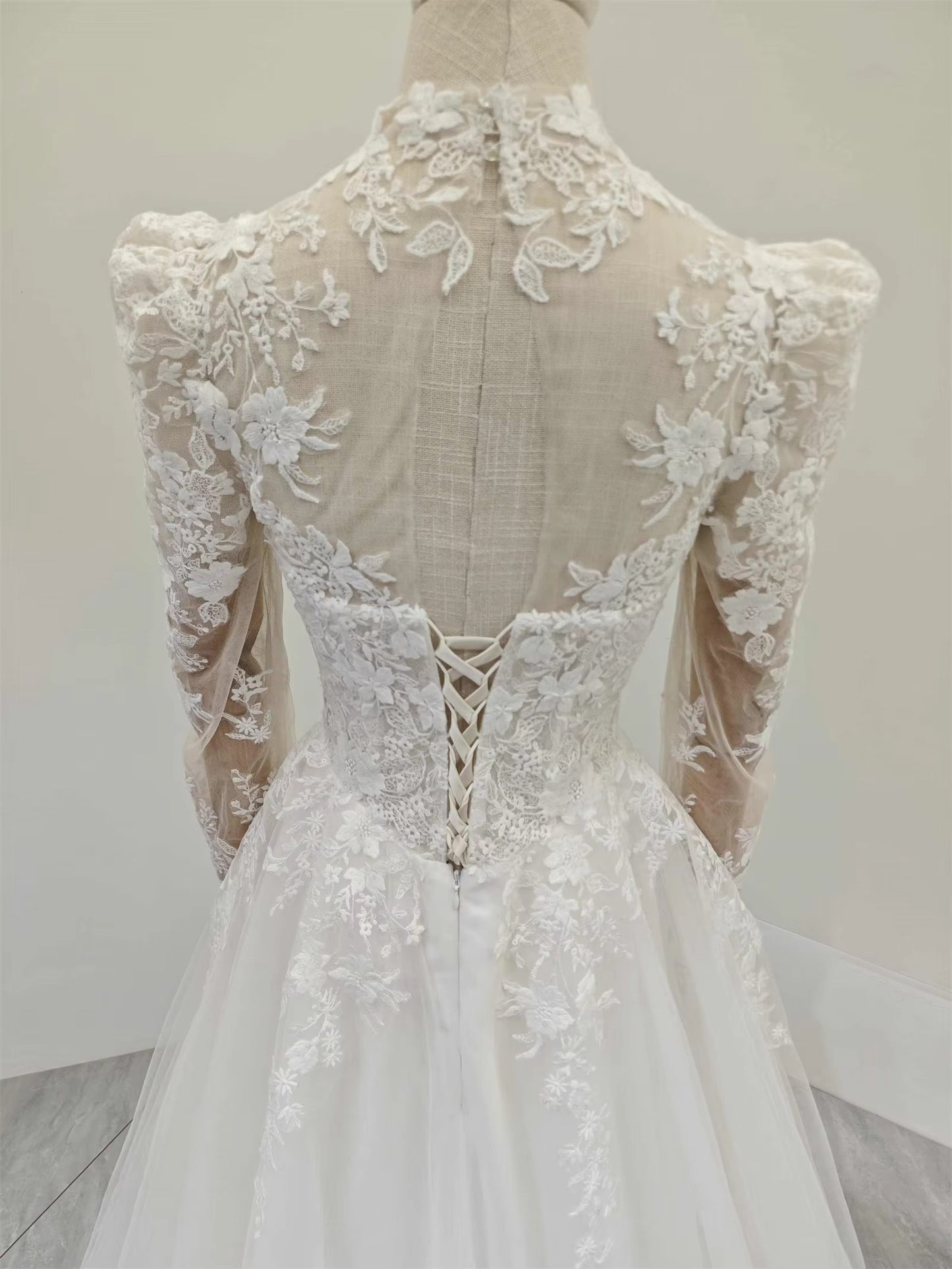 High Collar Long Sleeves Elegant Wedding Dress Full Body Lace