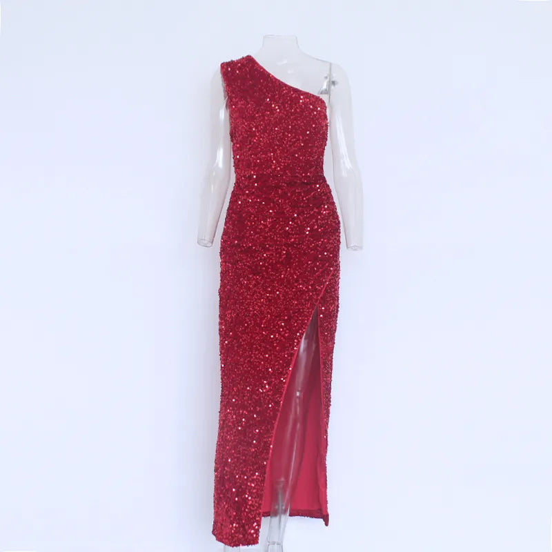 Sexy Sequin Night One Shoulder Sleeveless Bodycon Evening Prom Dress