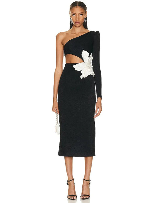 Women's Sexy One Shoulder Long Sleeve Hollow Out Flower Bandage Midi Dress Bodycon Celebrity Party Evening Dress