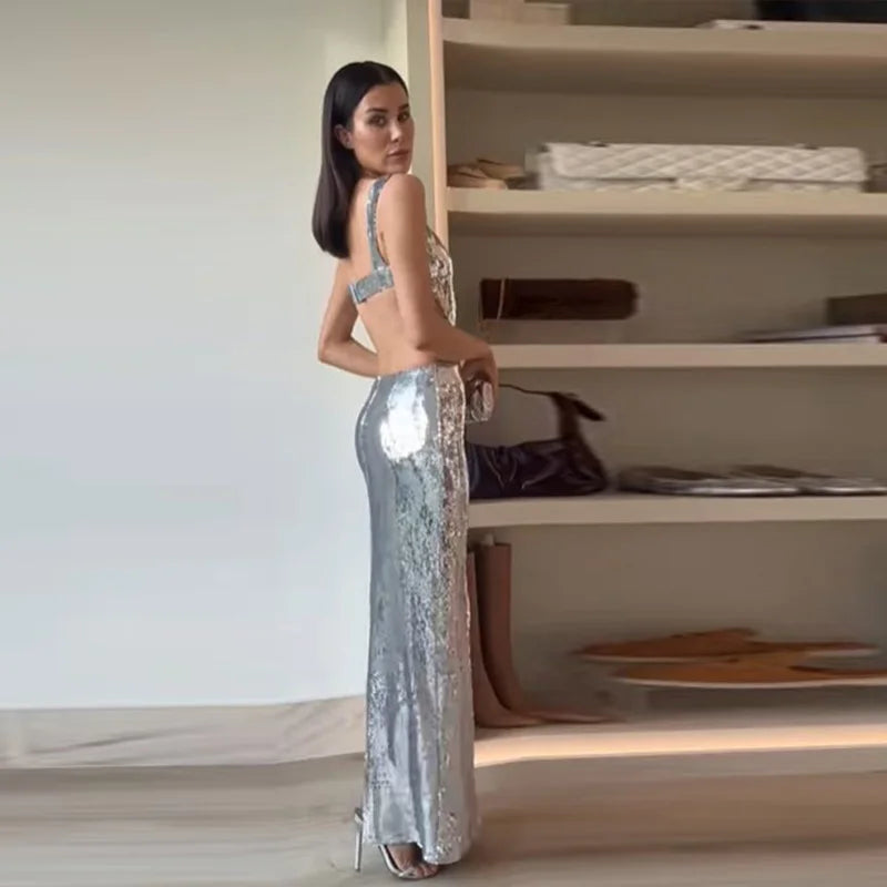 Sexy Sling Backless Silvery Maxi Dress