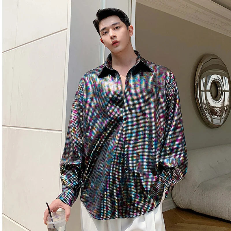 Loose Shirt Men's Sequin Long Sleeved Polo Club Party Wear