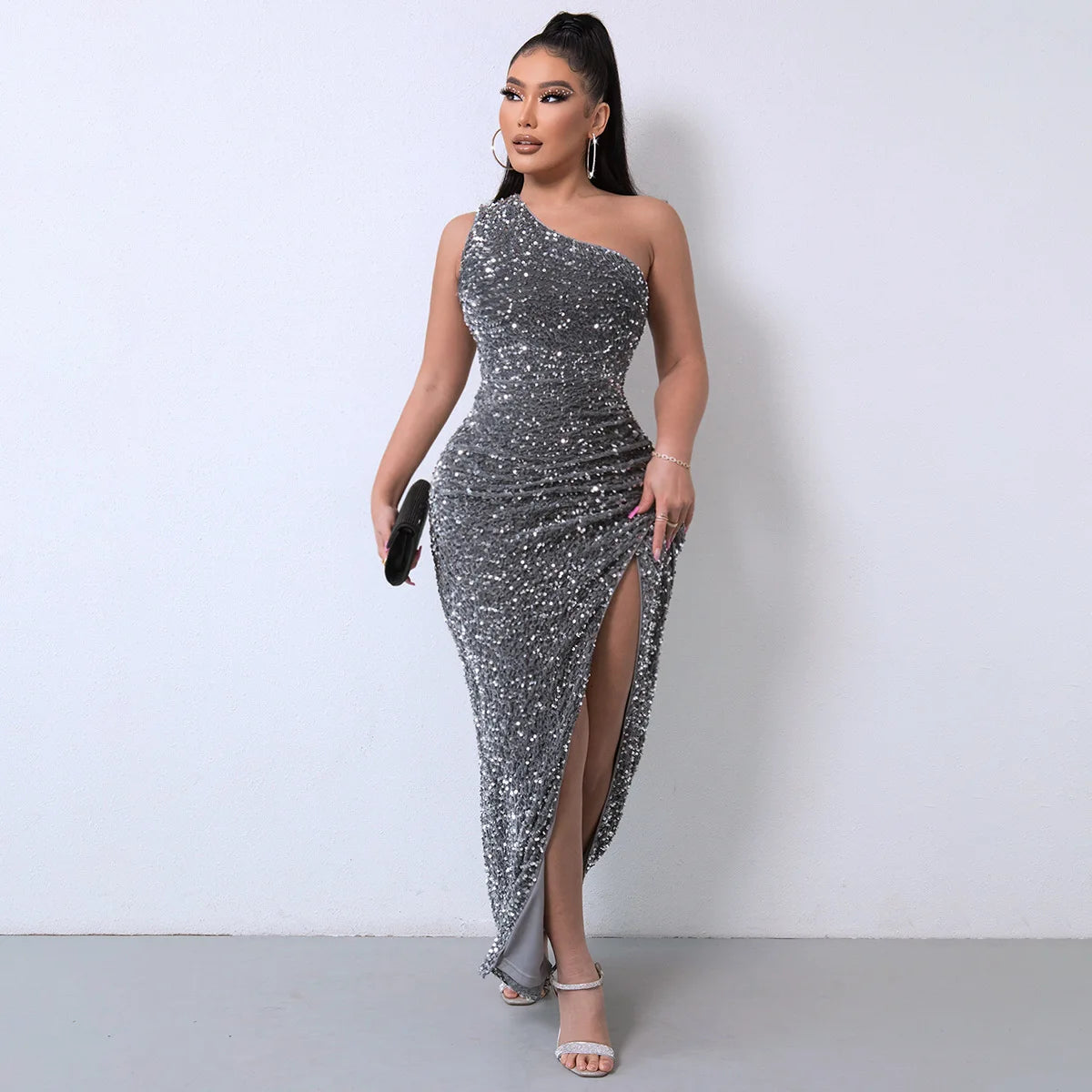 Sexy Sequin Night One Shoulder Sleeveless Bodycon Evening Prom Dress
