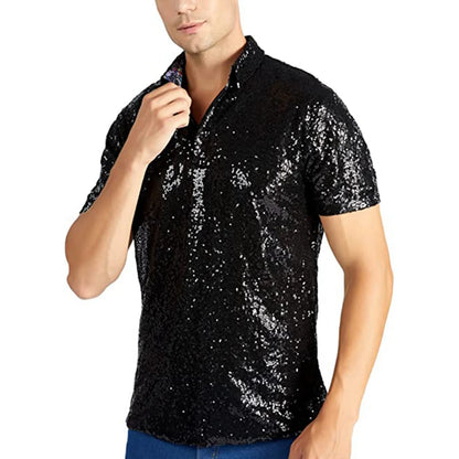 Men's Relaxed Short Sleeve Turndown Sparkles Sequins Polos Shirts 70s Disco Nightclub Party