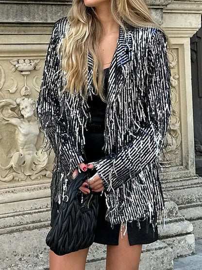 Chic Silver Sequined Fringe Blazer For Women