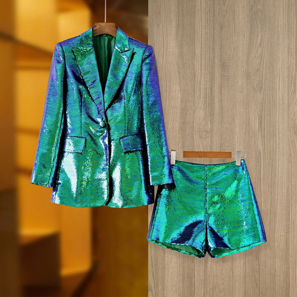 Eye-catching Occasion  Women Gradient Sequins 2 PCS Blazers Shorts Sets