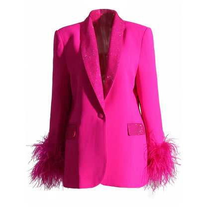 Loose Blazers For Women Shawl Collar Long Sleeve Spliced Feather Chic Blazer