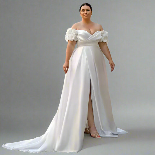 Satin A-Line Lace Up Off Shoulder Side Split Bridal Gown