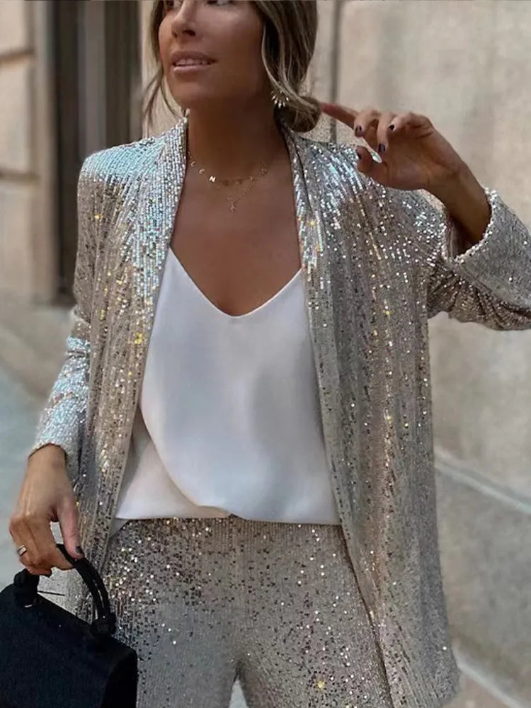 Sexy Sequins Pants Suit Women Fashion Flare Long Sleeve Casual Silver Female 2 Piece Set