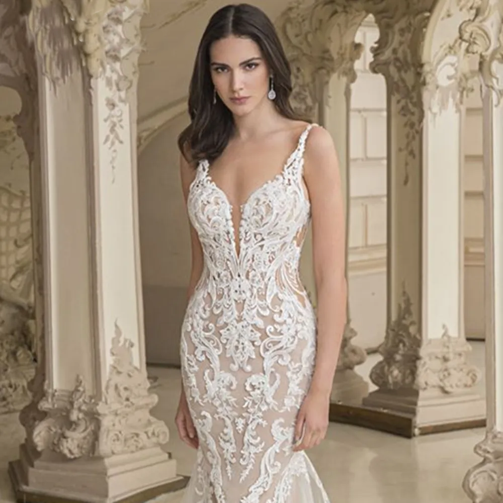 Deep V-Neck Lace Appliques Sleeveless Sexy Mermaid Bride Gown Backless Zipper Train Wedding Dresses