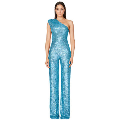 Women Elegant Long Jumpsuits Slanted Collar Party Glitter Sequin Club Playsuits