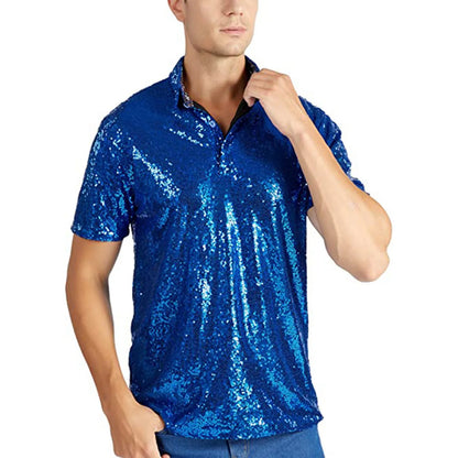 Men's Relaxed Short Sleeve Turndown Sparkles Sequins Polos Shirts 70s Disco Nightclub Party