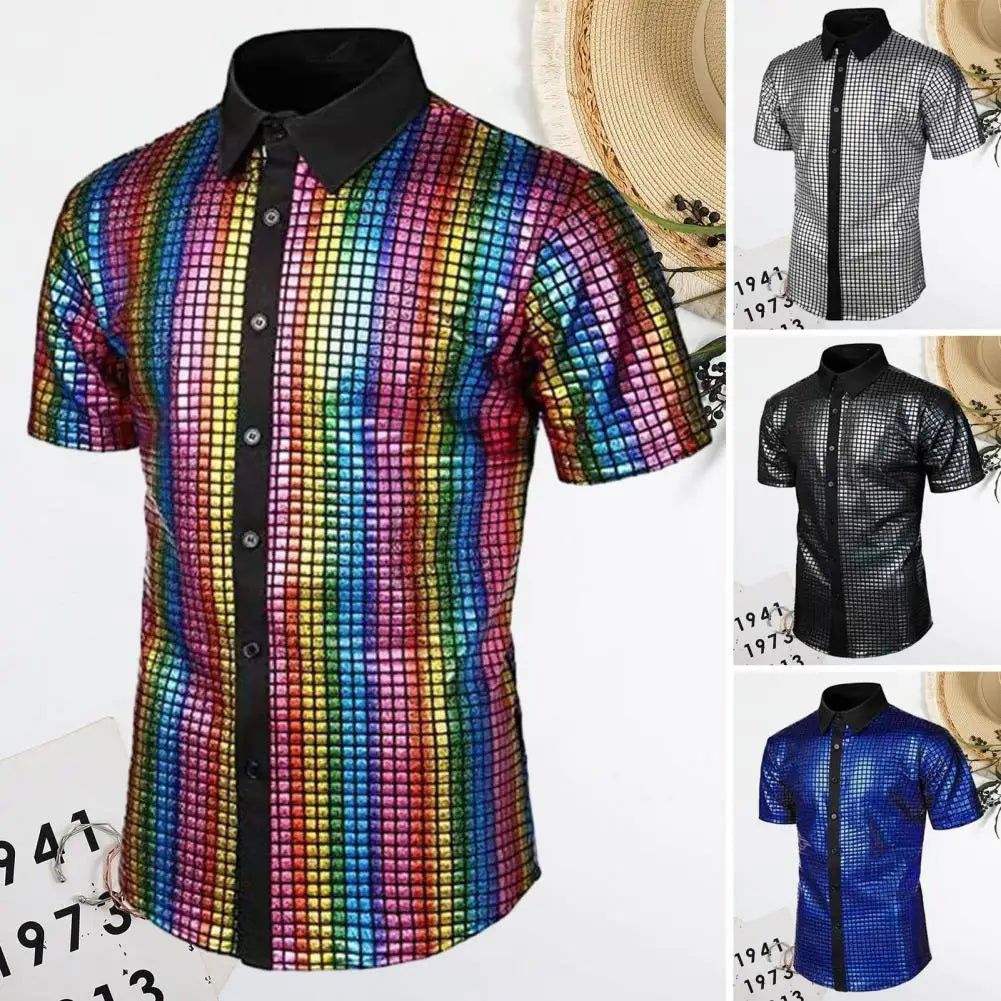 Men Club Shirt Vintage 70s Disco Men's Club Shirt Reflective Shiny Sequins Turn-down Collar Short Sleeve Button Down Men