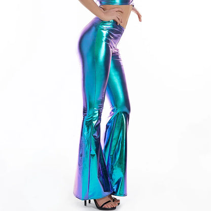 Sexy PU Leather Metallic Pants Shiny Holographic Flare Pants Women Girls Bodycon Elastic Waist Bell Bottom Trousers Clubwear