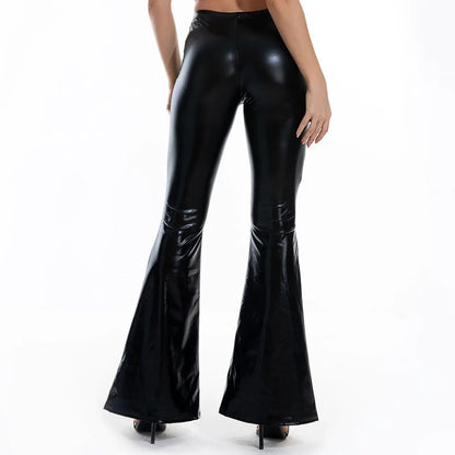 Sexy PU Leather Metallic Pants Shiny Holographic Flare Pants Women Girls Bodycon Elastic Waist Bell Bottom Trousers Clubwear