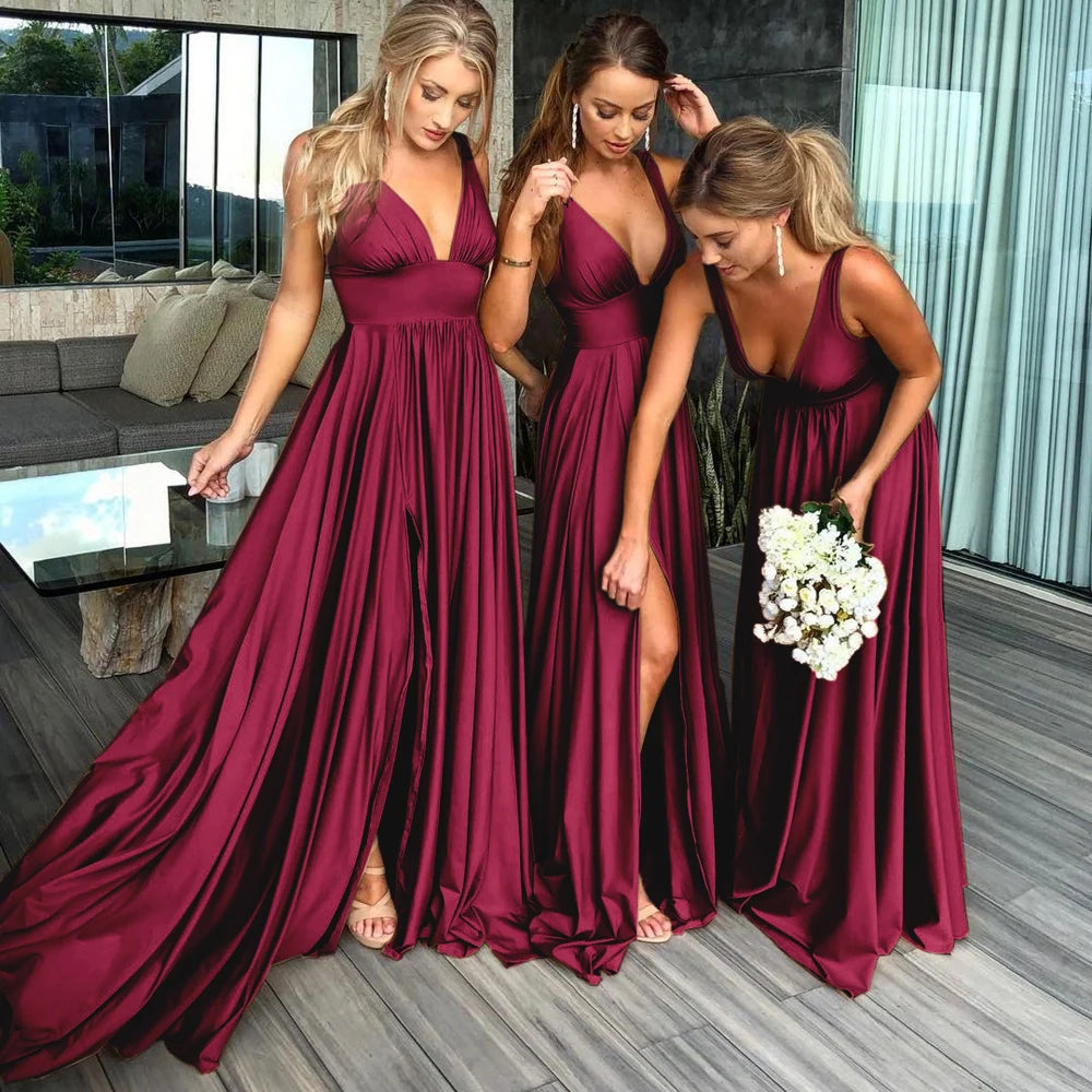10 Colors Bridesmaid Dresses  Sexy Split V Neck Backless Sleeveless Formal Wedding Evening Party Gown For Women