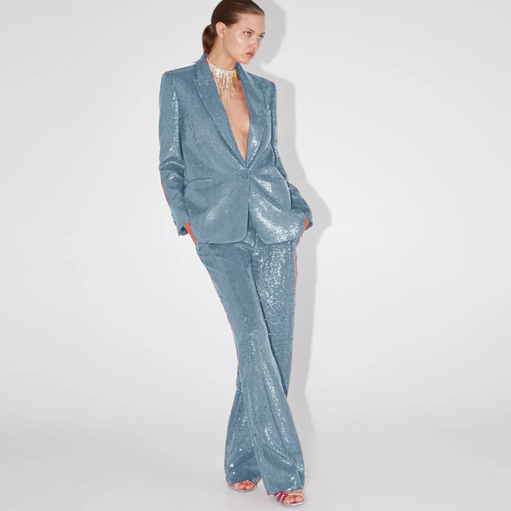 Elegant Ladies Sequined Blazer + Straight Pants Two-piece Birthday Party Outfit