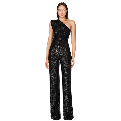 Women Elegant Long Jumpsuits Slanted Collar Party Glitter Sequin Club Playsuits