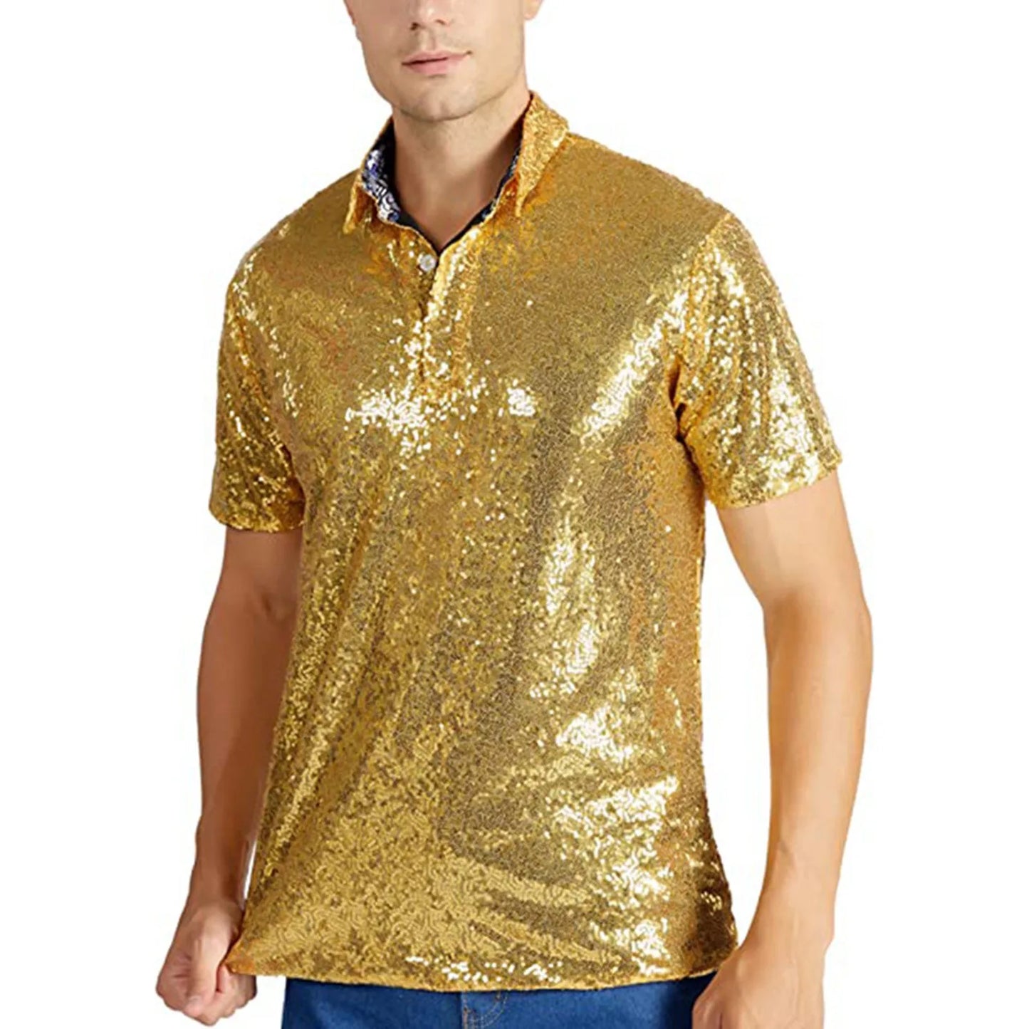 Men's Relaxed Short Sleeve Turndown Sparkles Sequins Polos Shirts 70s Disco Nightclub Party