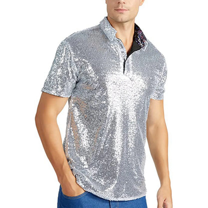 Men's Relaxed Short Sleeve Turndown Sparkles Sequins Polos Shirts 70s Disco Nightclub Party