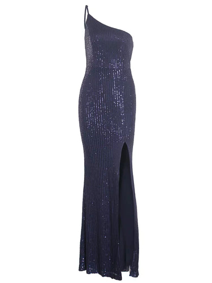 One Shoulder Sequin Long Woman Cocktail Dress Luxury Stretch Slit Open Leg Party Prom Dress