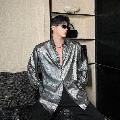 Long Sleeve Silver  Men Shirt Loose Reflect Light Nightclub Style