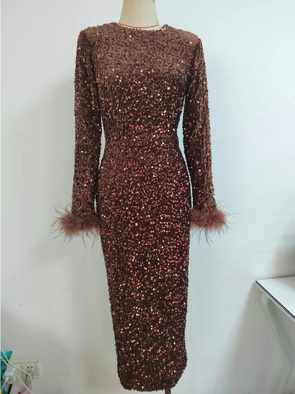 O Neck Long Sleeve Luxury Sequin Feather Midi Dress Elegant White Sequined Bodycon Dress Evening Party Club