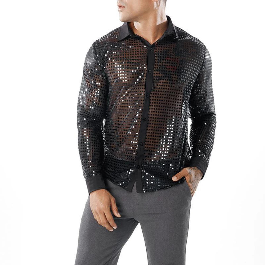 Men's Shiny Party Dance Retro 70s Disco Nightclub Shirt Sequins Top