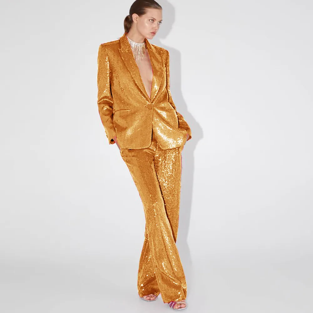 Elegant Ladies Sequined Blazer + Straight Pants Two-piece Birthday Party Outfit