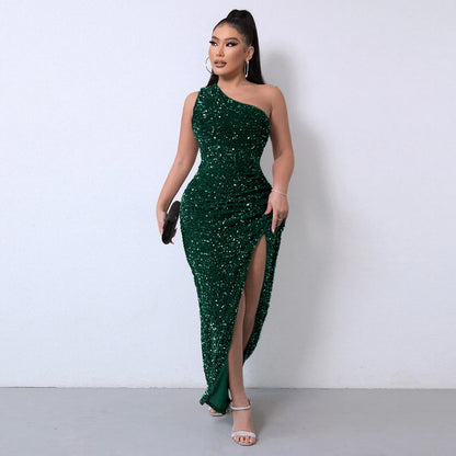 Sexy Sequin Night One Shoulder Sleeveless Bodycon Evening Prom Dress