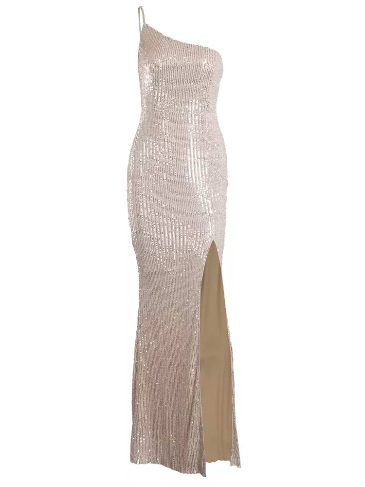 One Shoulder Sequin Long Woman Cocktail Dress Luxury Stretch Slit Open Leg Party Prom Dress