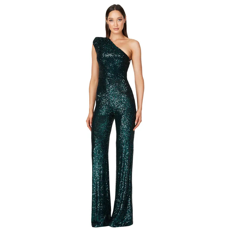 Women Elegant Long Jumpsuits Slanted Collar Party Glitter Sequin Club Playsuits