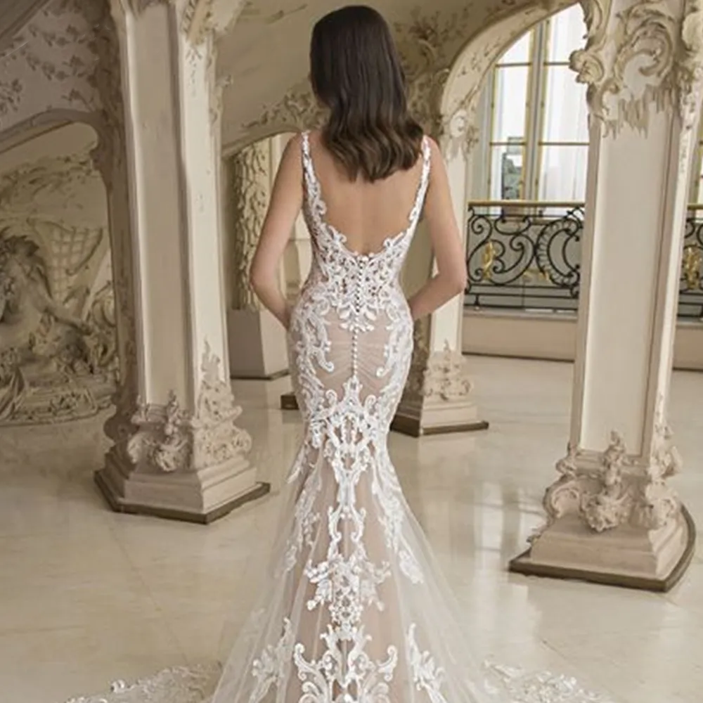 Deep V-Neck Lace Appliques Sleeveless Sexy Mermaid Bride Gown Backless Zipper Train Wedding Dresses
