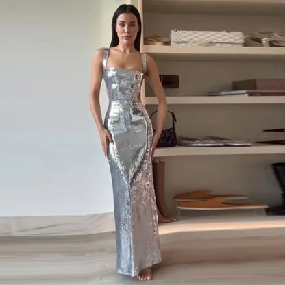 Sexy Sling Backless Silvery Maxi Dress