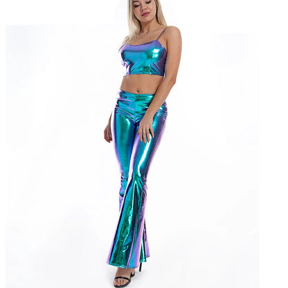 Sexy PU Leather Metallic Pants Shiny Holographic Flare Pants Women Girls Bodycon Elastic Waist Bell Bottom Trousers Clubwear