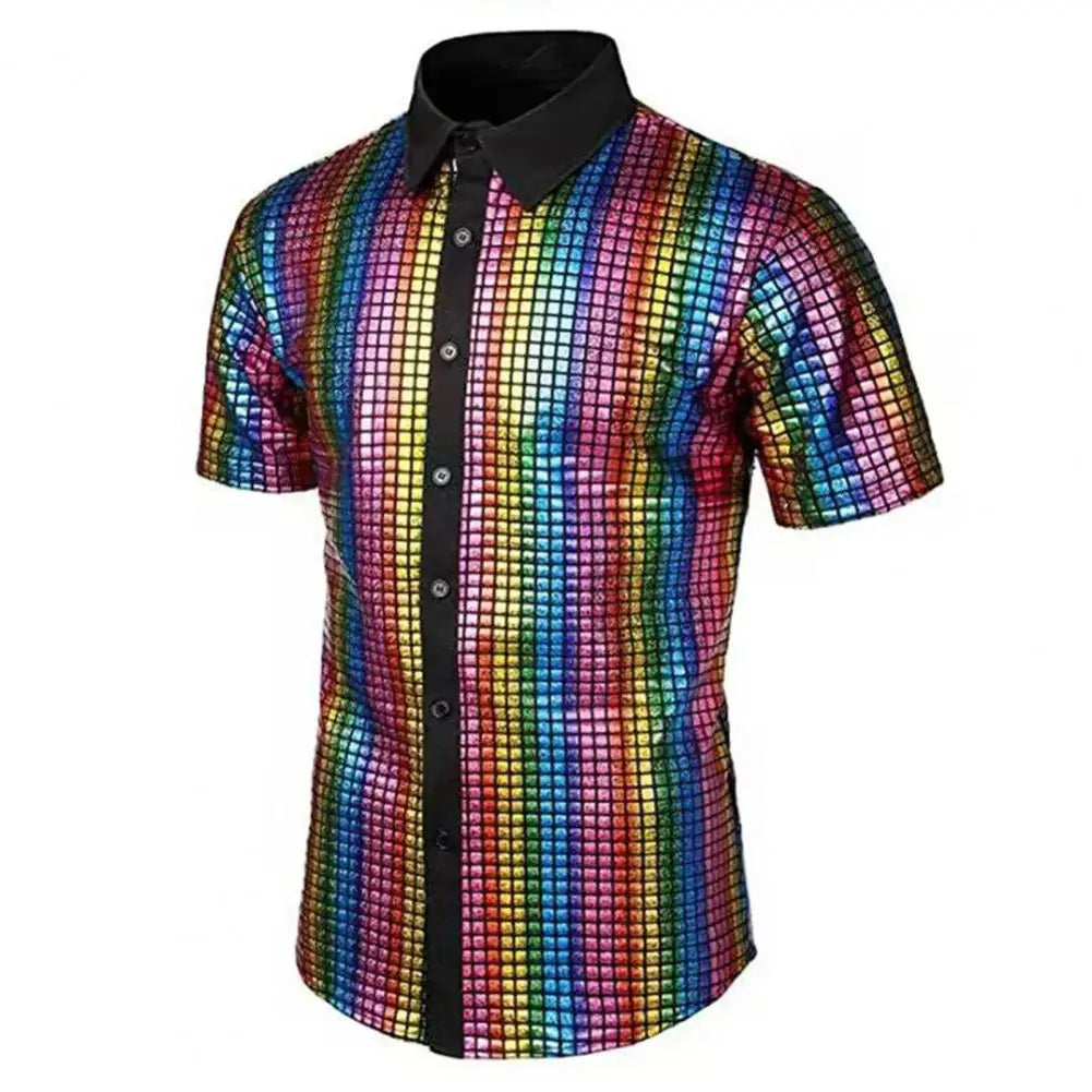 Men Club Shirt Vintage 70s Disco Men's Club Shirt Reflective Shiny Sequins Turn-down Collar Short Sleeve Button Down Men