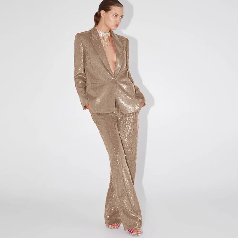 Elegant Ladies Sequined Blazer + Straight Pants Two-piece Birthday Party Outfit