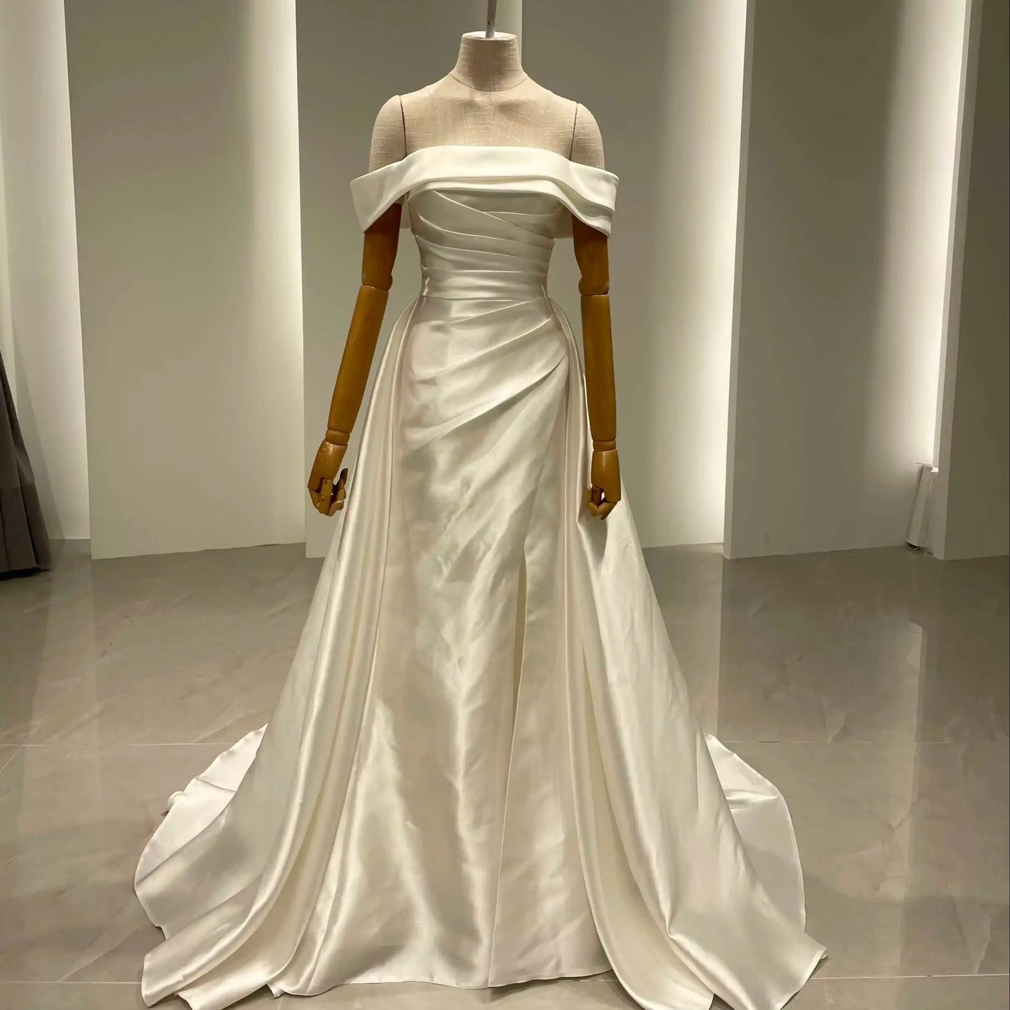 Off Shoulder Pleated Wedding Dress Satin A-line Wedding Dress With Train Bridal Gown