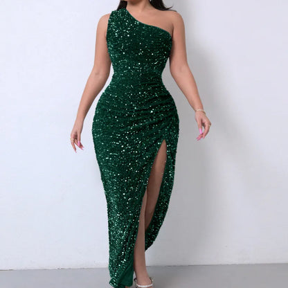 Sexy Sequin Night One Shoulder Sleeveless Bodycon Evening Prom Dress