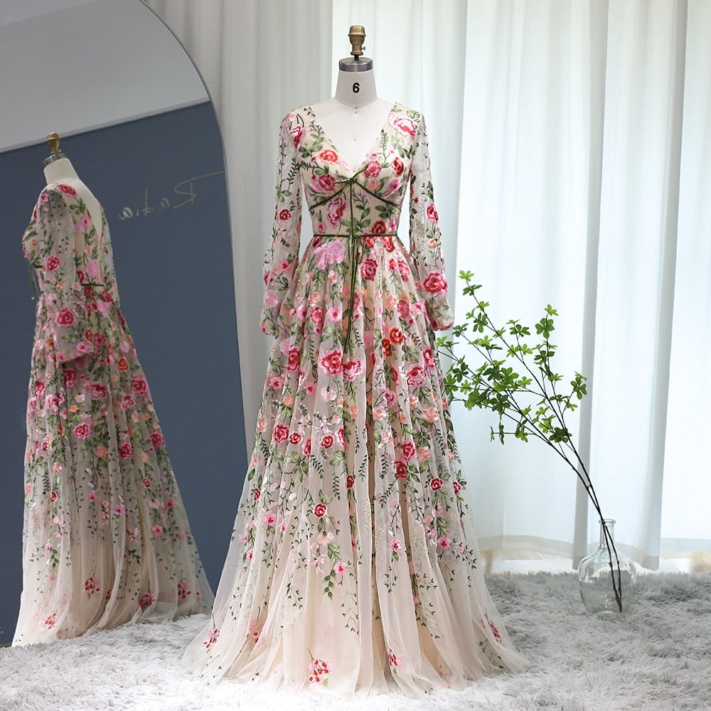 Luxury Embroidery Long Evening Dress Garden Floral Vintage Formal Prom Dress for Women