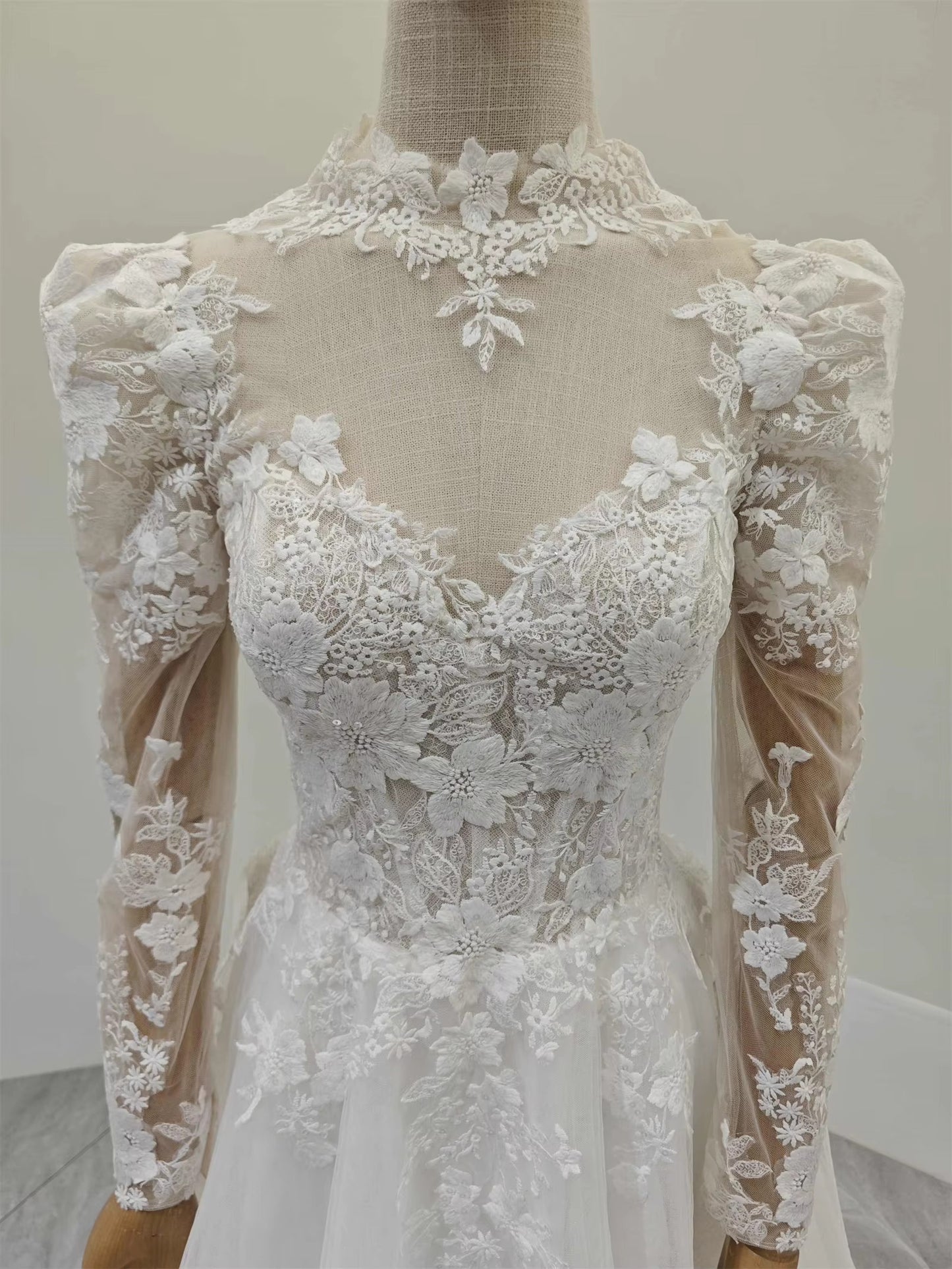 High Collar Long Sleeves Elegant Wedding Dress Full Body Lace