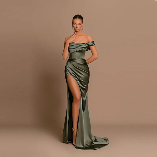 Sexy One-Shoulder Mermaid Evening Dress High Slit Off the Shoulder Sleeve Classic Formal Prom Party Wedding Dress