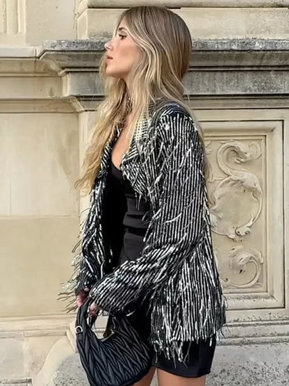 Chic Silver Sequined Fringe Blazer For Women