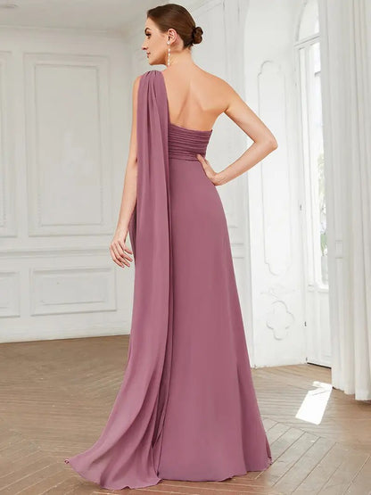 Simple Elegant Evening Dresses Long A-LINE One-Shoulder Strapless Gown Bridesmaid Women Dress