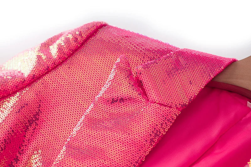 Bling Fuchsia Pink Sequins Cloth Suit Single Button Blazer Shorts 2 piece Sets