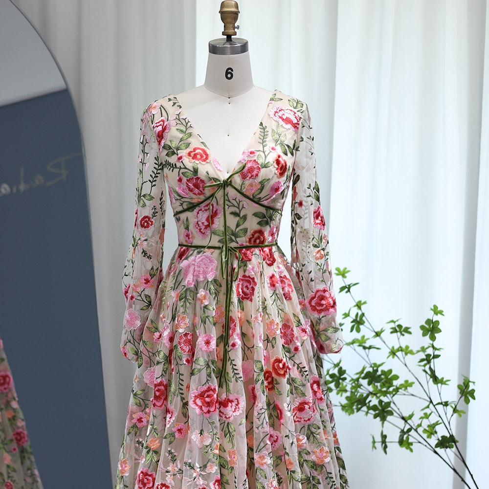 Luxury Embroidery Long Evening Dress Garden Floral Vintage Formal Prom  Dress for Women